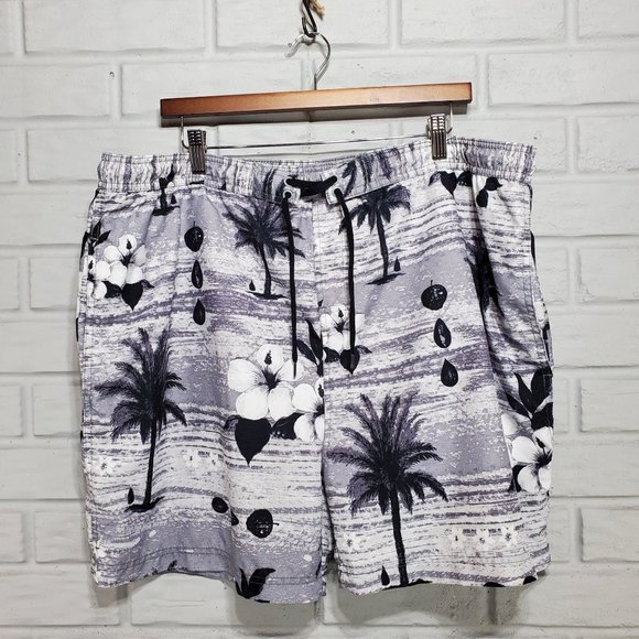Sand N Sun Men's Size L Black White Hawaiian Tropical Mesh Lined Swim Trunks - Picture 1 of 11
